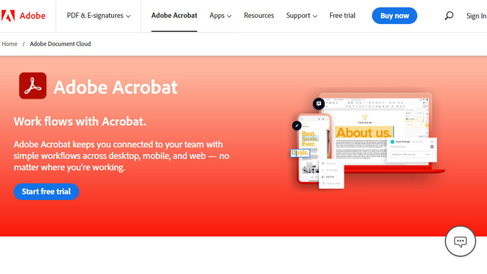 Capture d'écran du site web d'Adobe Acrobat