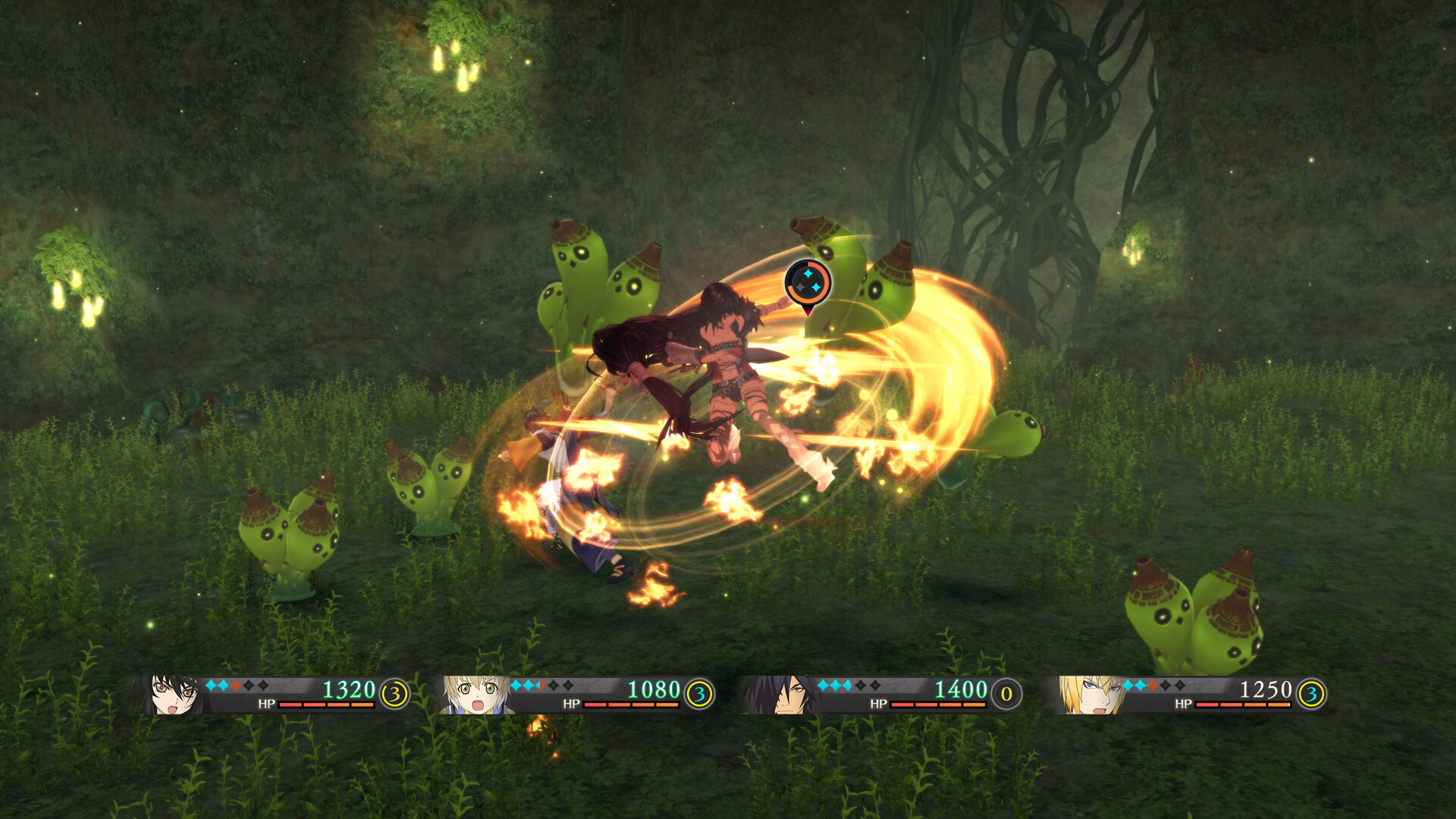 A combat scene in Tales of Berseria Remastered. Velvet attacks a number of cactus-like enemies.