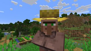 Minecraft villager - a farmer villager stands in a plains town above a field of crops.