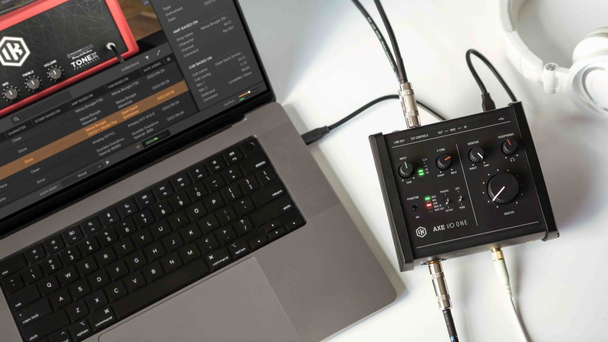 Axe I/O Solo USB-C audio interface connected to a laptop