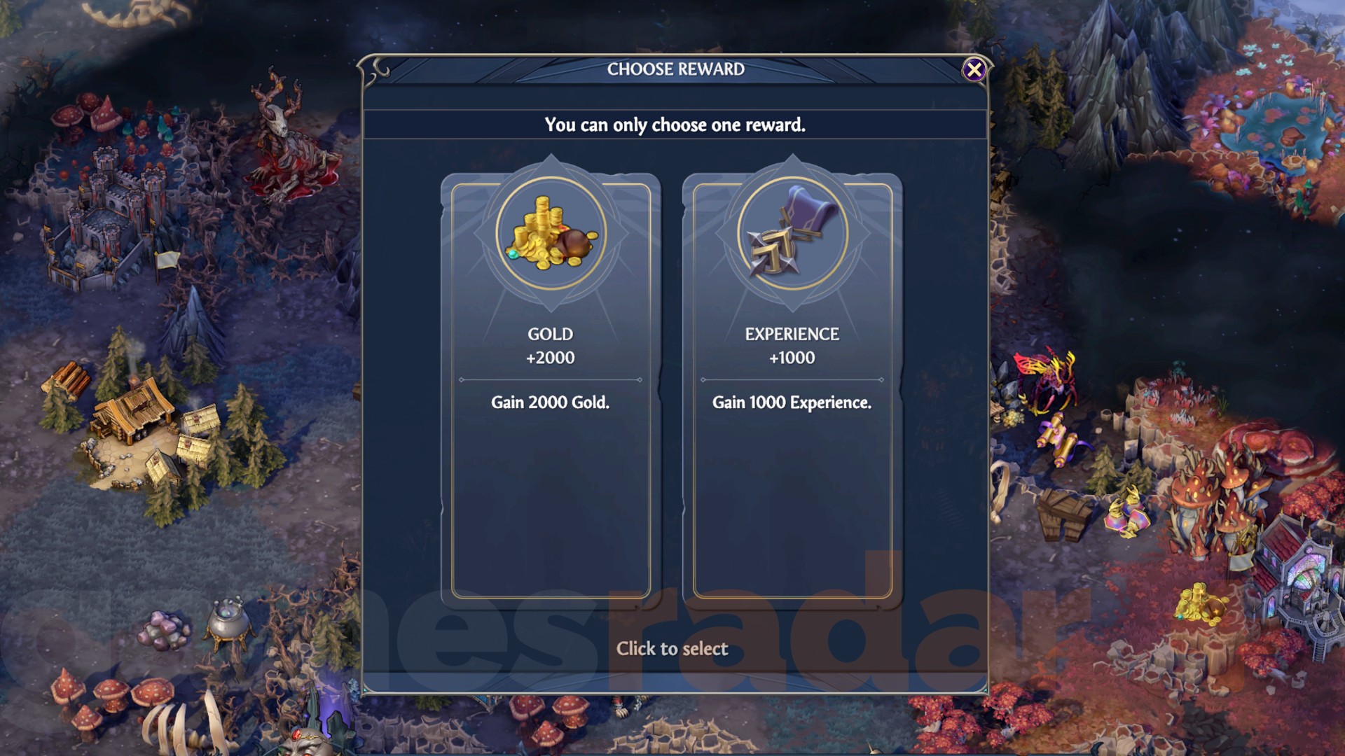 The player gets the option between 2,000 Gold and 1,000 Exp in Heroes Olden Era