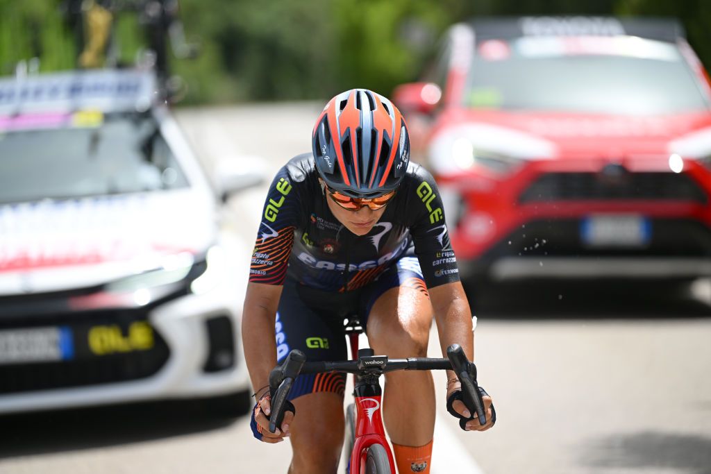 OLBIA ITALY JULY 09 Alessia Vigilia of Italy and Team Top Girls Fassa Bortolo competes in the breakaway during the 34th Giro dItalia Donne 2023 Stage 9 a 12685km stage from Sassari to Olbia UCIWWT on July 09 2023 in Olbia Italy Photo by Dario BelingheriGetty Images