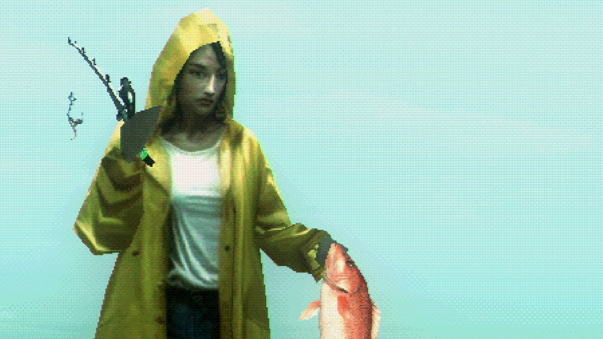 A woman in a yellow anorak stands with a fish in the About Fishing hero artwork