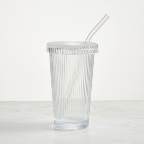 Ribbed Clear Glass Iced Coffee Tumbler With Straw