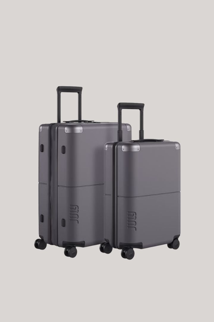 July Classic Checked Expandable Set in lavander against pale gray background.