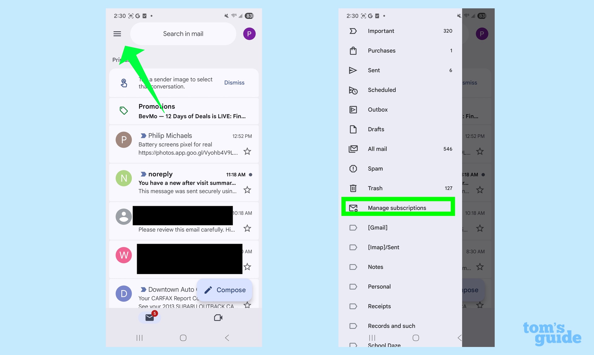 access manage subscriptions from the menu in the Gmail mobile app