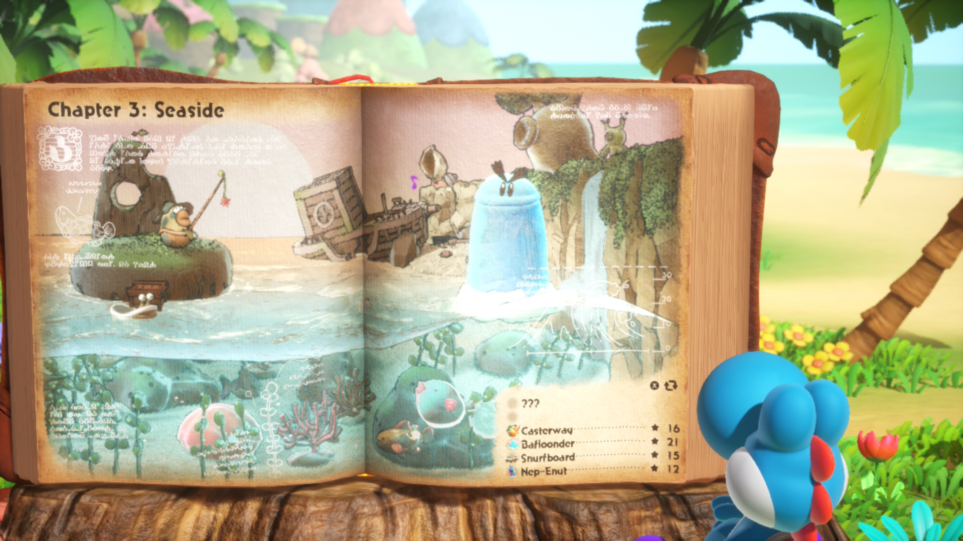 Yoshi looking at a book in Yoshi and the Mysterious Book