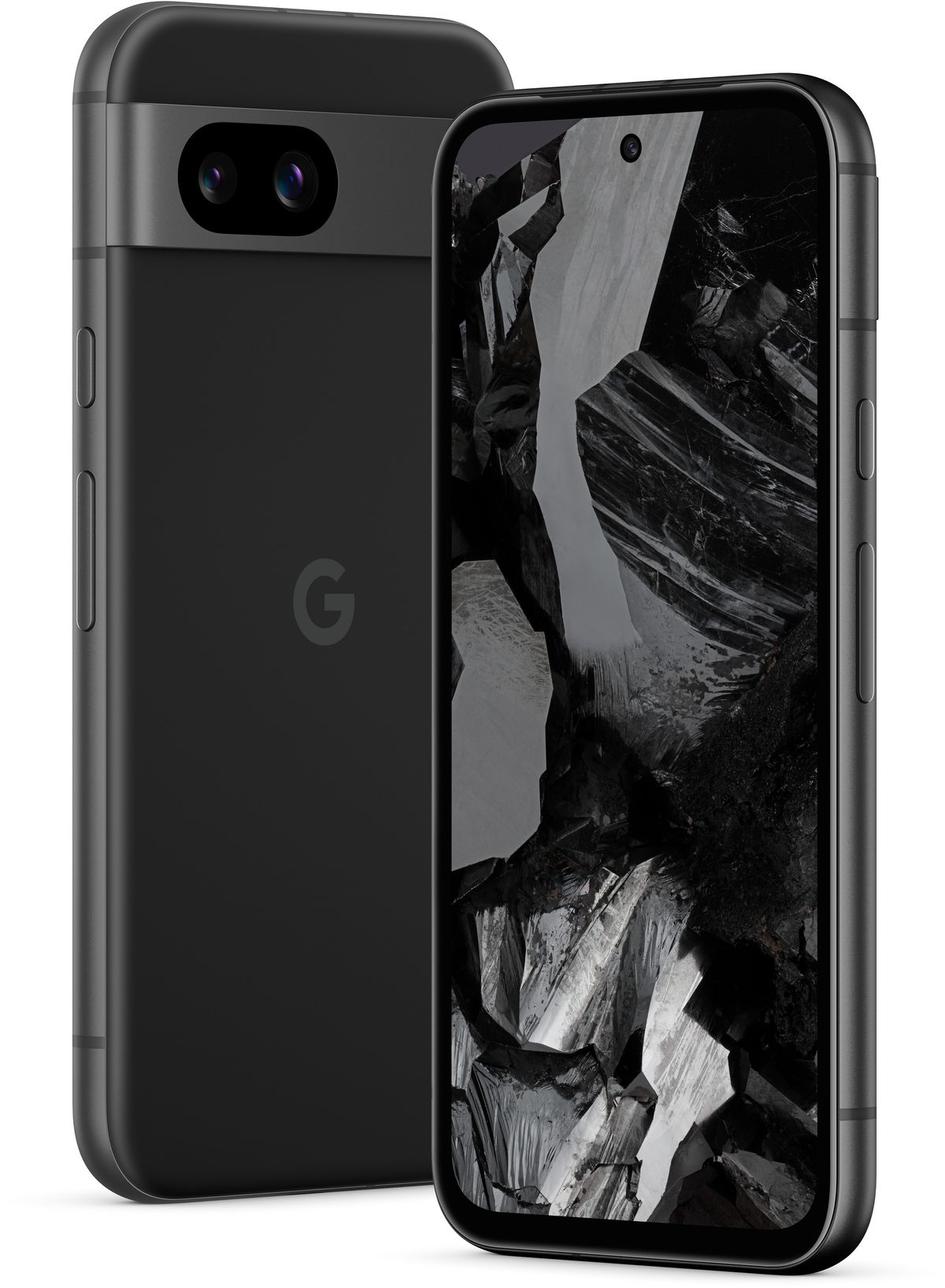 An official product render of the front and back of the Obsidian Google Pixel 8a