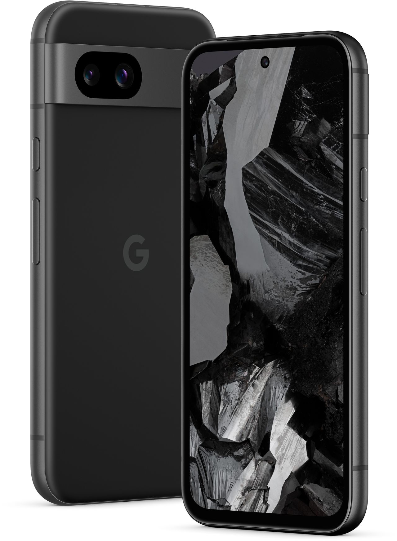 An official product render of the front and back of the Obsidian Google Pixel 8a