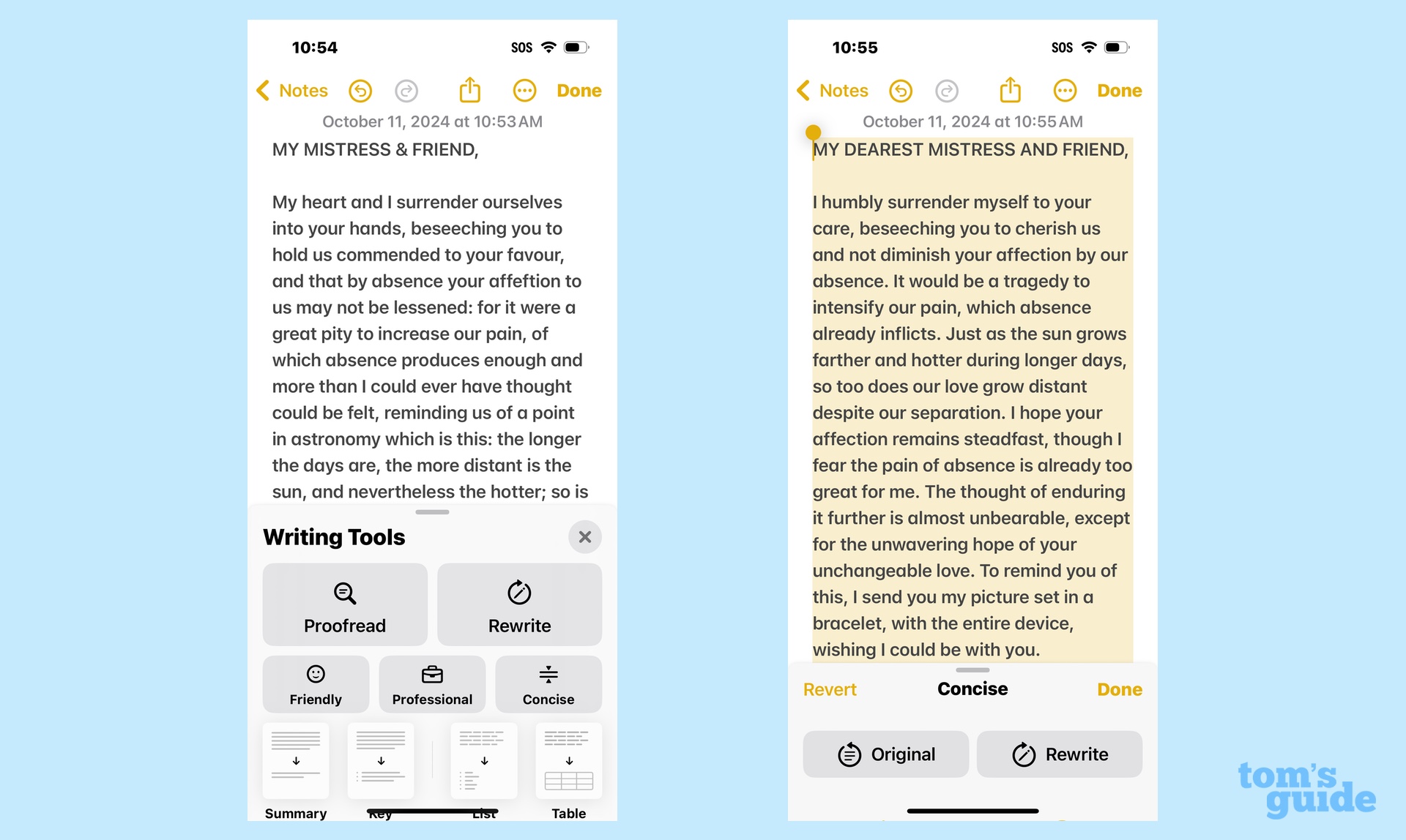 writing sample in notes on the left followed by version updated with Writing Tools' Concise tool