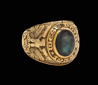 West Point ring worn in space by astronaut Edward White, made by L. G. Balfour Co., American, of 14 kt gold. White wore this ring as the first American to walk in space during the Gemini 4 mission. He tragically died in the Apollo 1 fire.