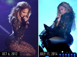 J.Lo (2012) & Beyonce (2014) in long-sleeve black lace bodysuit with black stockings, loose waves, and a gold microphone