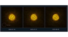 A three-paneled image showing a star at three different dates over the summer of 2023. The star shows bright yellow plasma bubbles all over its surface.