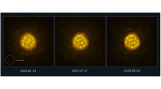 A three-paneled image showing a star at three different dates over the summer of 2023. The star shows bright yellow plasma bubbles all over its surface.