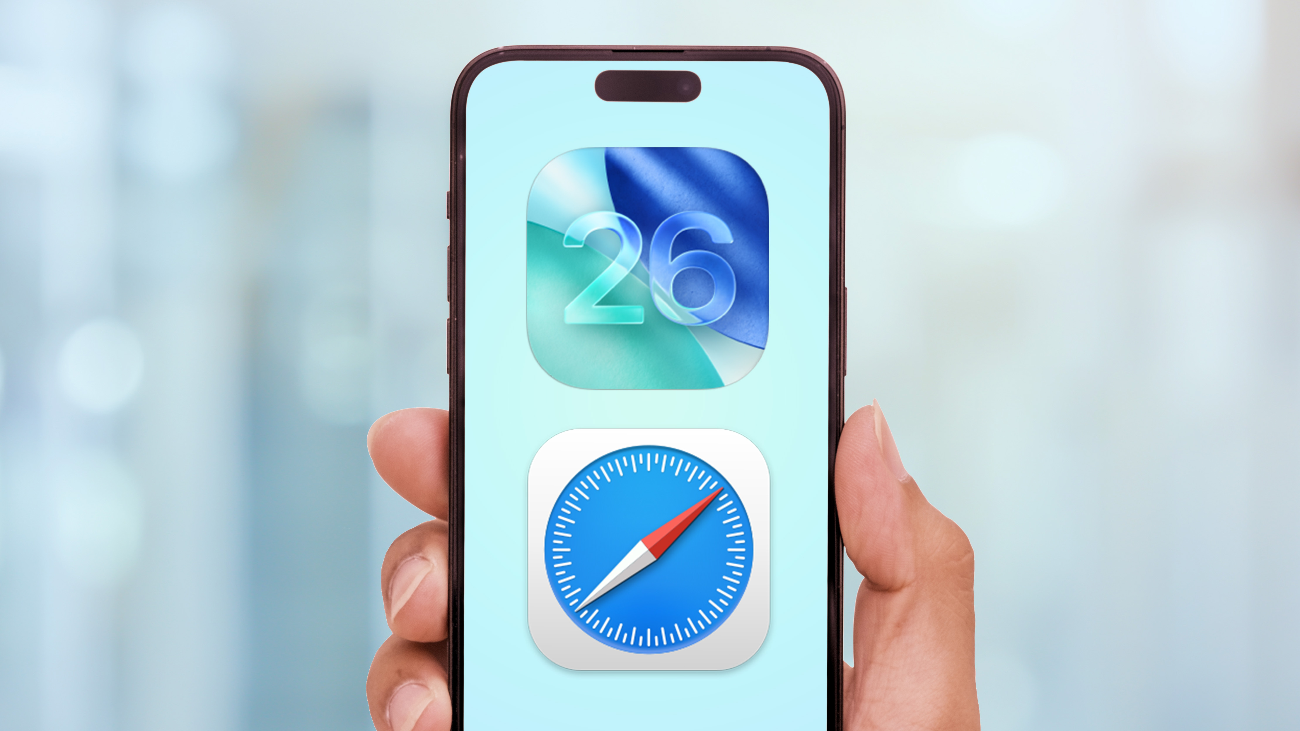 safari and iOS 26 logos on a phone