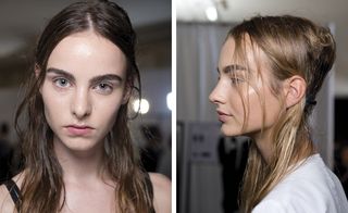 The mix-and-match Maison Martin Margiela collection was accompanied by a casual hairdo crafted by Guido Palau with wet, unbrushed locks fixed with a bar behind the head