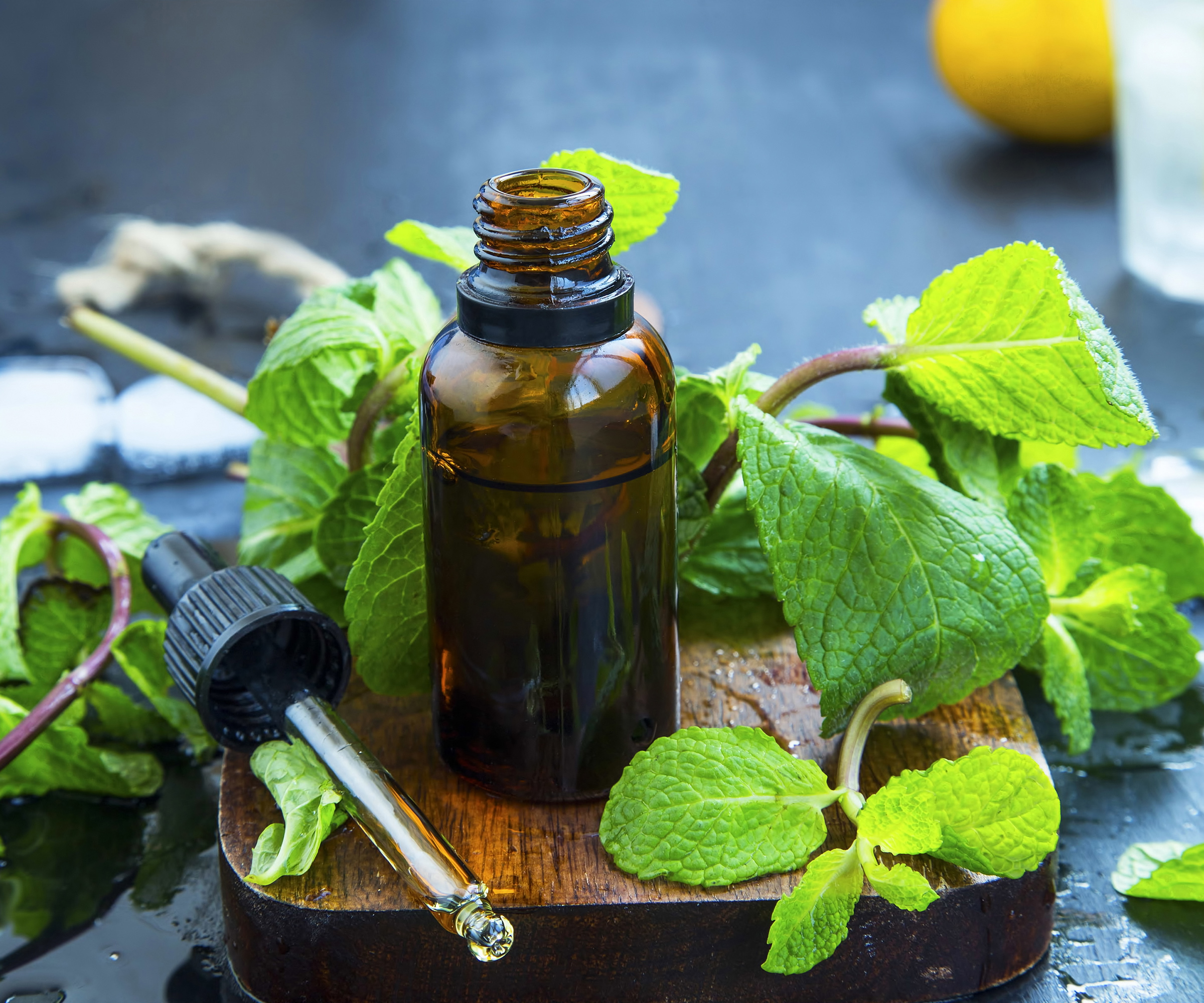 Peppermint oil in a bottle with a variety of mint leaves