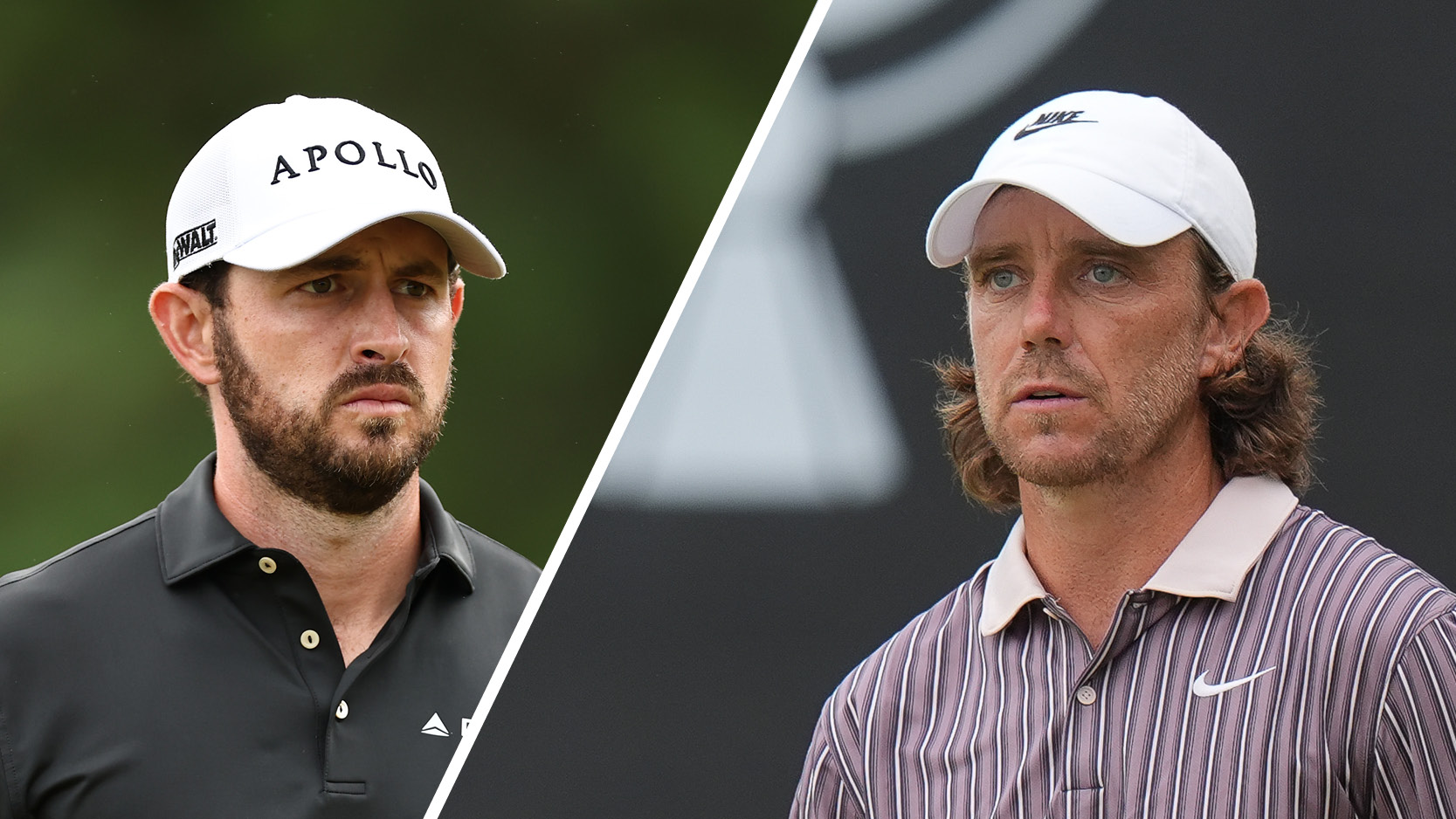 Patrick Cantlay (left) looks on while Tommy Fleetwood looks on (right) at the 2025 Tour Championship