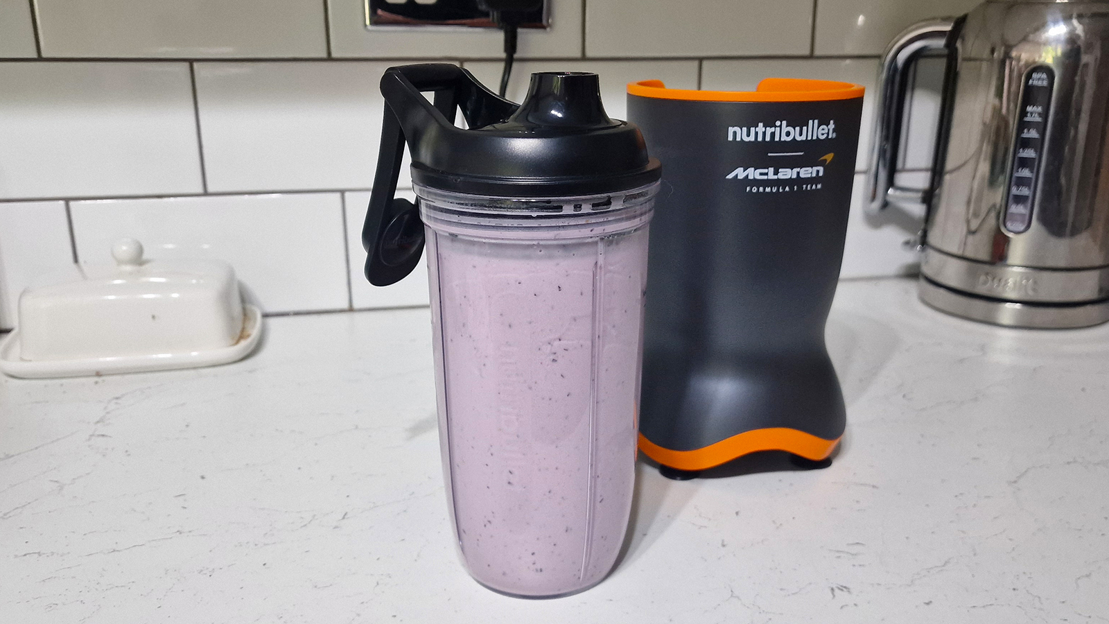 A blueberry smoothie made in the Nutribullet Ultra 1200