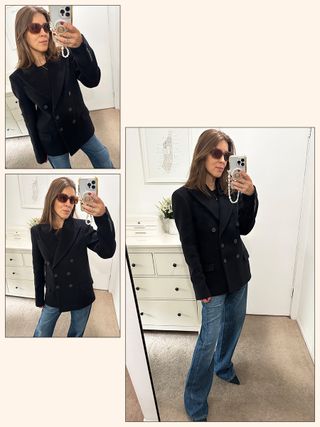 Judith Jones in einer dunkelblauen Cabanjacke und Jeans