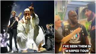 Winston McCall on stage pointing next to Bex interviewing Parkway Drive fans