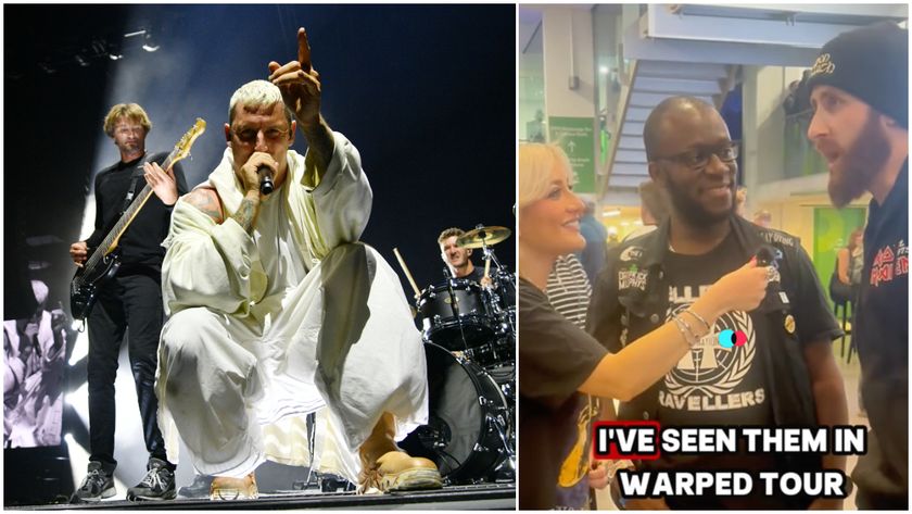 Winston McCall on stage pointing next to Bex interviewing Parkway Drive fans