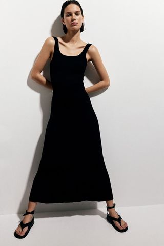 Rib-Knit Dress With Flared Skirt