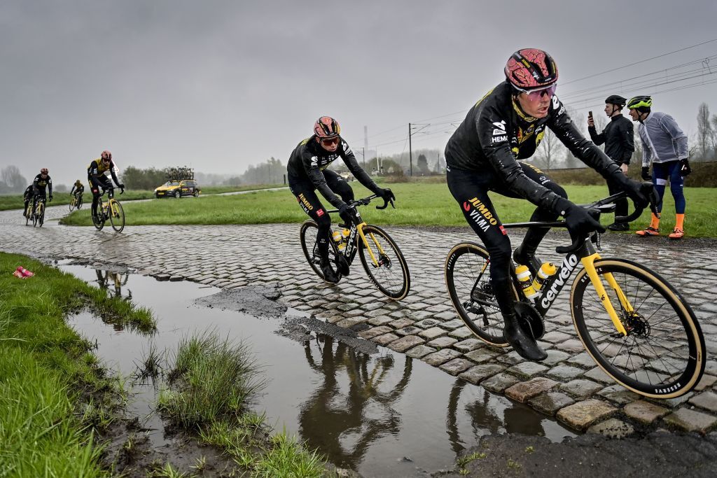 Belgian Wout van Aert of Team JumboVisma pictured in action during the reconnaissance of the track ahead of this years ParisRoubaix cycling race Thursday 06 April 2023 around Roubaix France The ParisRoubaix cycling race will take place on Sunday 09 April BELGA PHOTO DIRK WAEM Photo by DIRK WAEM BELGA MAG Belga via AFP Photo by DIRK WAEMBELGA MAGAFP via Getty Images