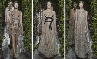 Three separate images of female catwalk models, wearing designer dresses, grey wood grain floor, hedge borders