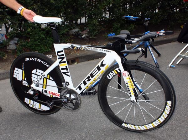 Lance Armstrong (Team Radioshack) has not just one but two of these specially painted Trek Speed Concepts to use in this year's Tour de France. This is his spare machine.
