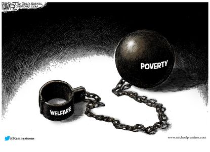 Editorial cartoon U.S. poverty welfare shackles