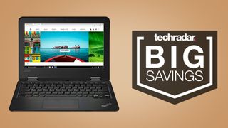 A lenovo laptop against a tan backgroun