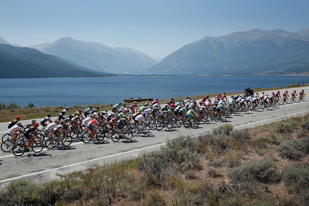 The peloton passes through Twin Peaks on the way to Independence Pass