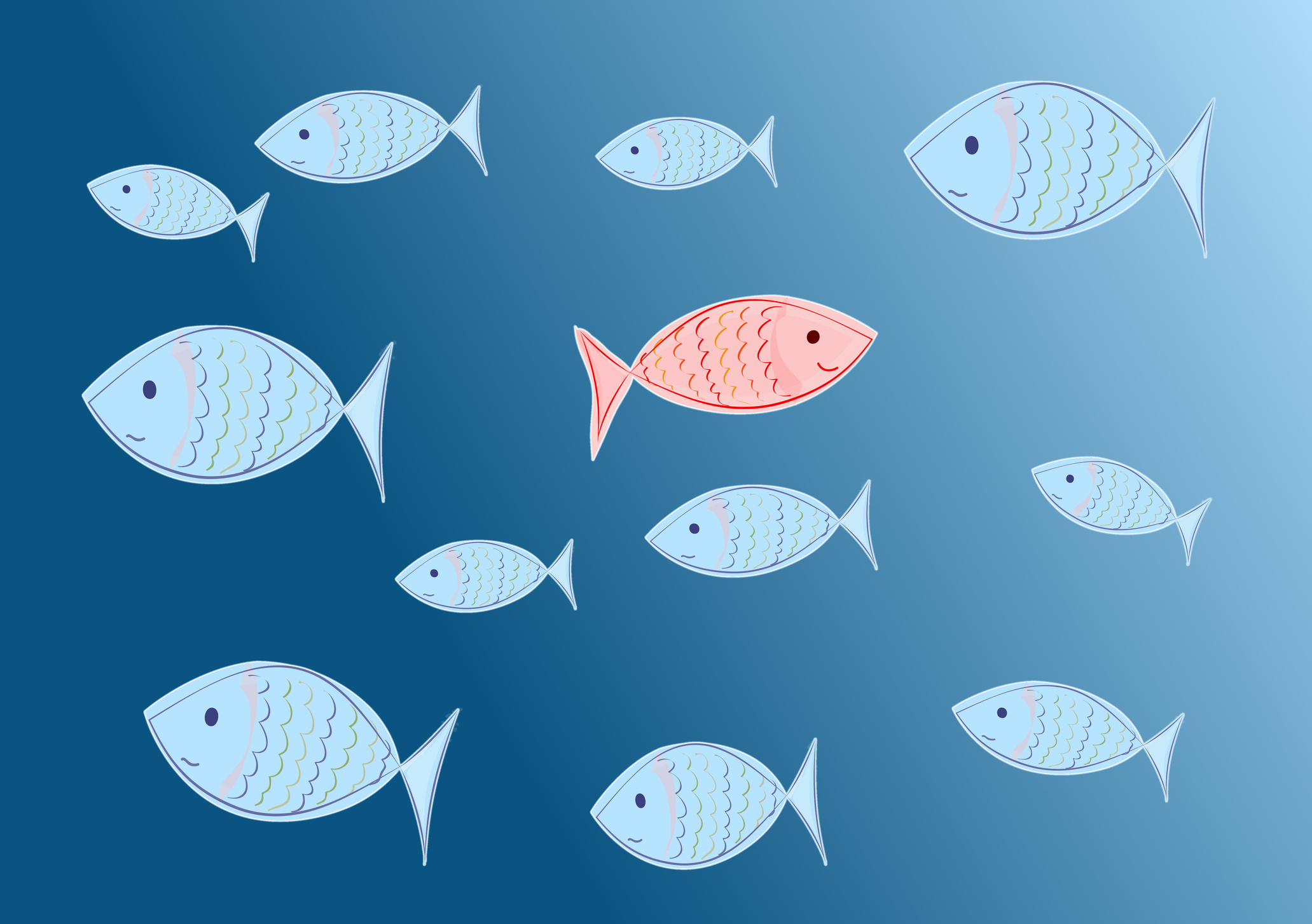 digital image of a small pink fish swimming in the opposite direction as several small blue fish