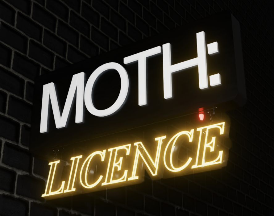 an AI / graphic designed image of the neon MOTH Licence store sign that will hang on the outer edge of the building