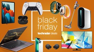 Black Friday deals text surrounded by different products including an ipad, apple watch, console, Dyson vacuum, laptop and other products