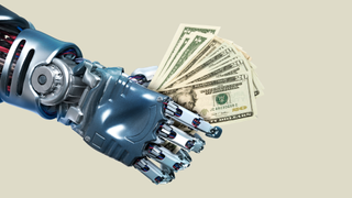a robot hand holding a wad of dollar bills