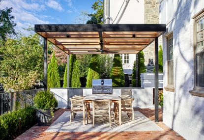 An outdoor kitchen with a grill