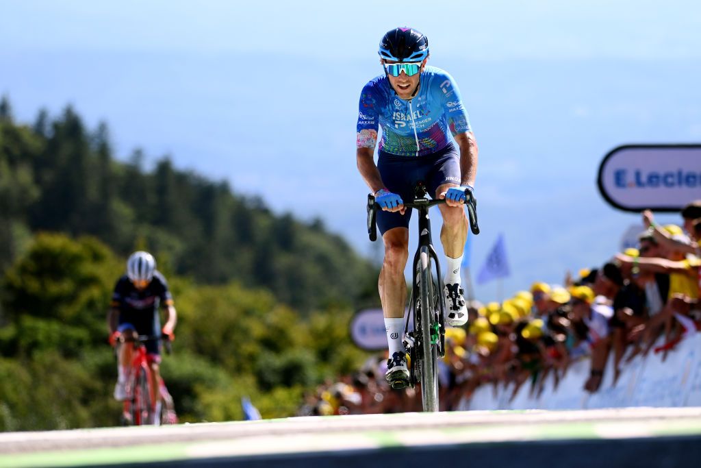 PLANCHE DES BELLES FILLES FRANCE JULY 08 Michael Woods of Canada and Team Israel Premier Tech crosses the finish line during the 109th Tour de France 2022 Stage 7 a 1763km stage from Tomblaine to La Super Planche des Belles Filles 1141m TDF2022 WorldTour on July 08 2022 in Planche des Belles Filles France Photo by Tim de WaeleGetty Images