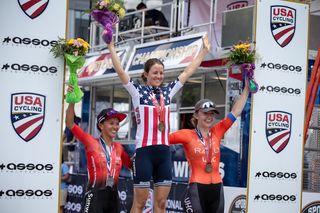 The 2019 USA Cycling Pro Road Championships elite women's road race podium (left to right): Coryn Rivera, Ruth Winder and Emma White