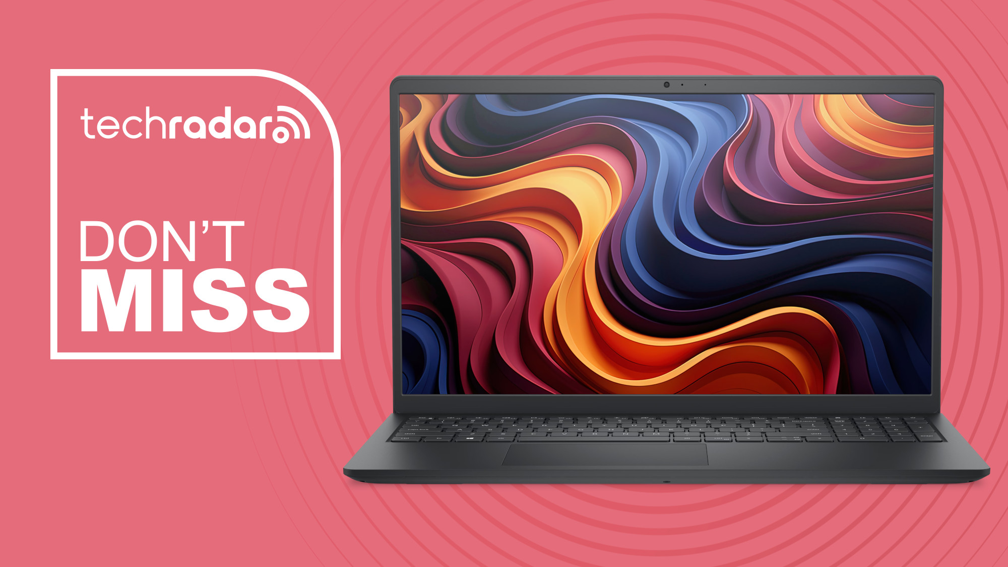 Dell 15 laptop on red background with don&#039;t miss text overlay
