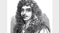 a black and white drawing of a man with curly hair.