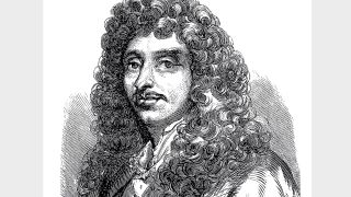a black and white drawing of a man with curly hair.