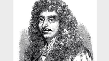 a black and white drawing of a man with curly hair.