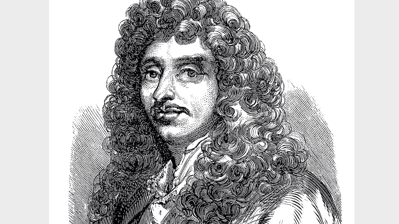 a black and white drawing of a man with curly hair.
