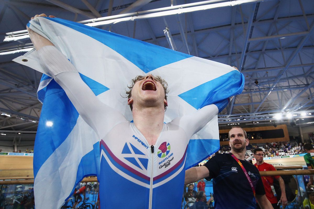 Mark Stewart (Scotland) enjoying his gold medal win in the points race