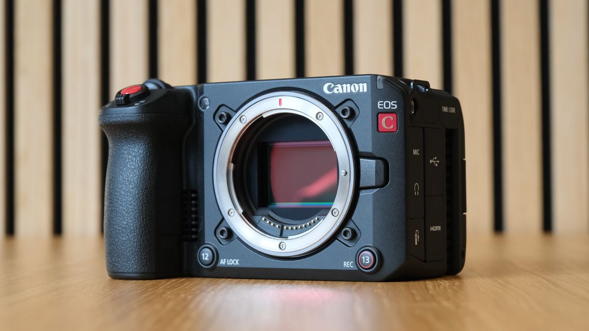 Canon EOS C50 against a striped wooden background