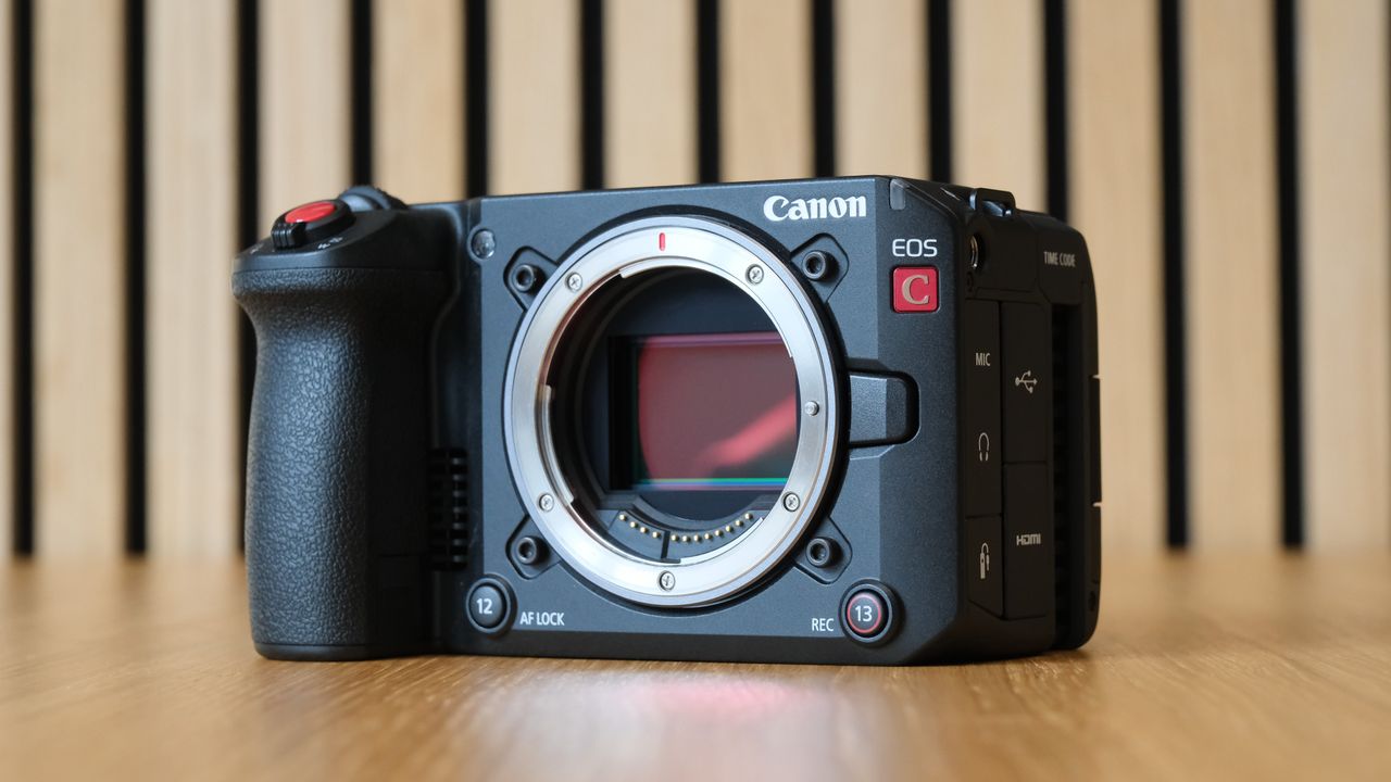 Canon EOS C50 against a striped wooden background