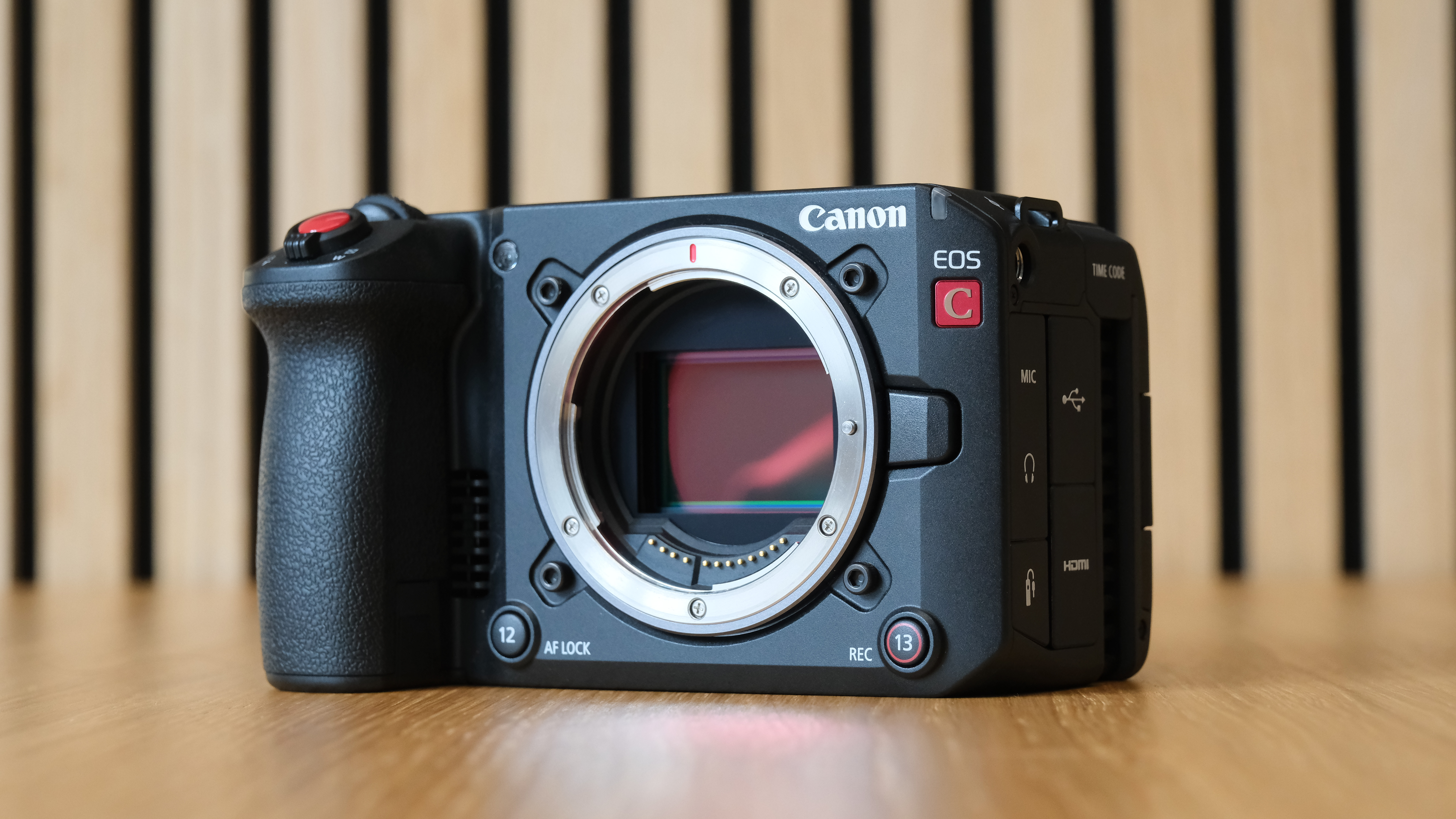 Canon EOS C50 against a striped wooden background