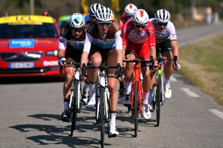 Romain Bardet and teammate Alexis Gougeard (L) lead the breakaway on stage 6 of Paris-Nice on Friday, March 13, 2020